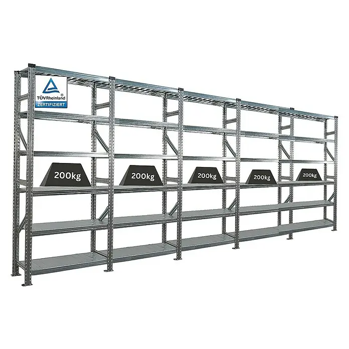 Proregal Metallregal Fachbodenregal PROXIMO 1x Grundregal + 4x Anbauregal - Traglast pro Boden: 200 kg, Anzahl Böden: 6 Stk., Stecken, Verzinkt - Schwerlastregal mit fünf Ebenen und 200 kg Belastung pro Ebene für Lagerhaltung.