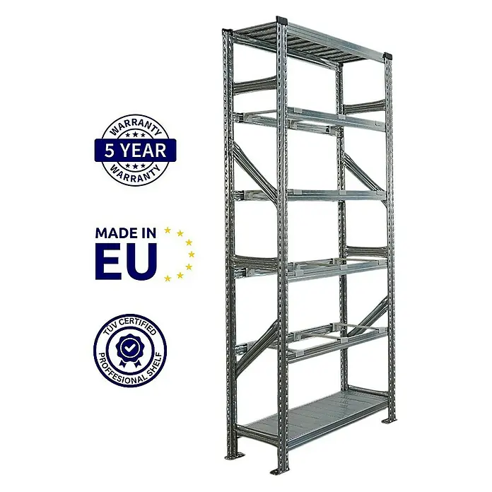 Proregal Registraturregal PROXIMO Grundregal - H x B x T: 200 x 90 x 32 cm, Stecken, Verzinkt - Bild eines stabilen Metallregals mit mehreren Ebenen, ideal für Lager und Werkstätten.