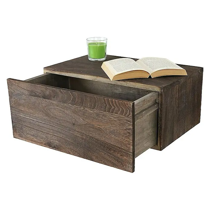 Berlinlodge Holzregal Wandregal - H x B x T: 21 x 46 x 30 cm, Anzahl Böden: 1 Stk., Einhängen, Braun - Nachtschrank aus dunklem Holz mit offener Schublade, darauf ein Buch und eine grüne Kerze.