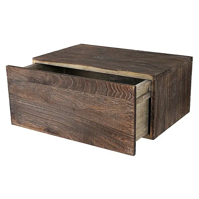 Berlinlodge Holzregal Wandregal - H x B x T: 21 x 46 x 30 cm, Anzahl Böden: 1 Stk., Einhängen, Braun - Dieser rustikale Holz-Nachttisch mit Schublade bietet praktischen Stauraum und verleiht jedem Raum einen Hauch von Vintage-Charme durch seine Holzmaserung.