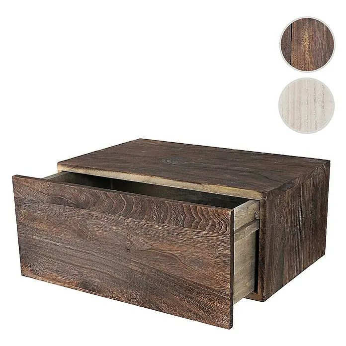 Berlinlodge Holzregal Wandregal - H x B x T: 21 x 46 x 30 cm, Anzahl Böden: 1 Stk., Einhängen, Braun - Diese Aufnahme zeigt einen rustikalen, dunklen Nachttisch aus Holz mit einer leicht geöffneten Schublade, die seine natürliche Maserung betont.