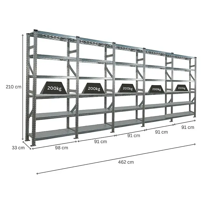 Proregal Metallregal Fachbodenregal PROXIMO 1x Grundregal + 4x Anbauregal - Traglast pro Boden: 200 kg, Anzahl Böden: 6 Stk., Stecken, Verzinkt - Regalsystem mit mehreren Ebenen, belastbar bis 200 kg pro Ebene, ideal für Lagerung und Organisation.
