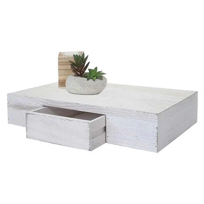 Berlinlodge Holzregal Wandregal Ilse - H x B x T: 8 x 40 x 25 cm, Anzahl Böden: 1 Stk., Einhängen, Weiß shabby - Schwebendes weißes Regal aus Holz mit Schublade und dekorativen Elementen wie einem kleinen Blumentopf und Kerzenhalter.