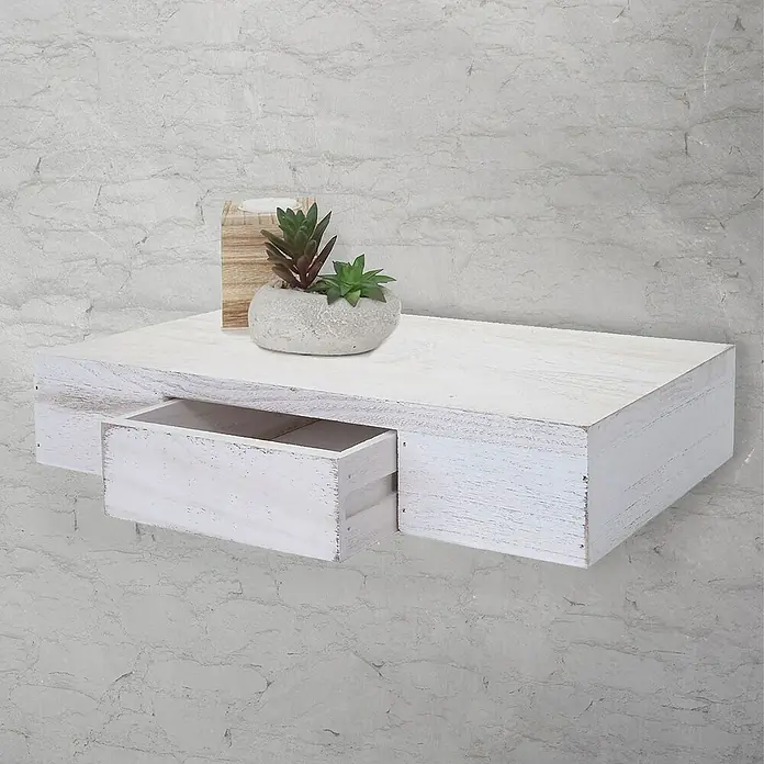 Berlinlodge Holzregal Wandregal Ilse - H x B x T: 8 x 40 x 25 cm, Anzahl Böden: 1 Stk., Einhängen, Weiß shabby - Wandregal mit Schublade im rustikalen Stil, ideal für Dekoration und Aufbewahrung.
