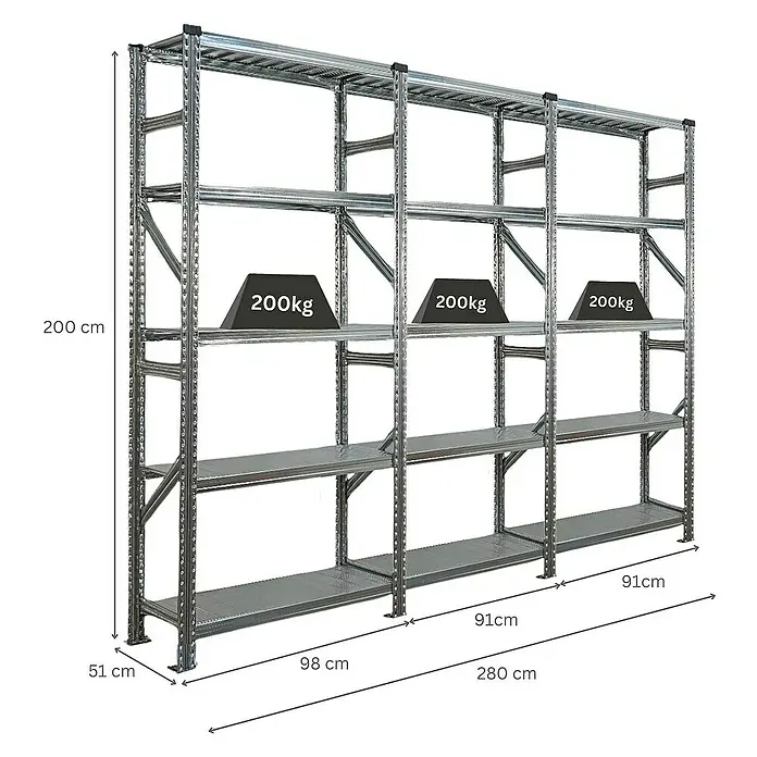 Proregal Metallregal Fachbodenregal PROXIMO 1x Grundregal + 2x Anbauregal - Traglast pro Boden: 200 kg, Anzahl Böden: 5 Stk., Stecken, Verzinkt - Regal mit mehreren Ebenen zur Lagerung schwerer Gegenstände, gekennzeichnet mit Gewichtsangaben.