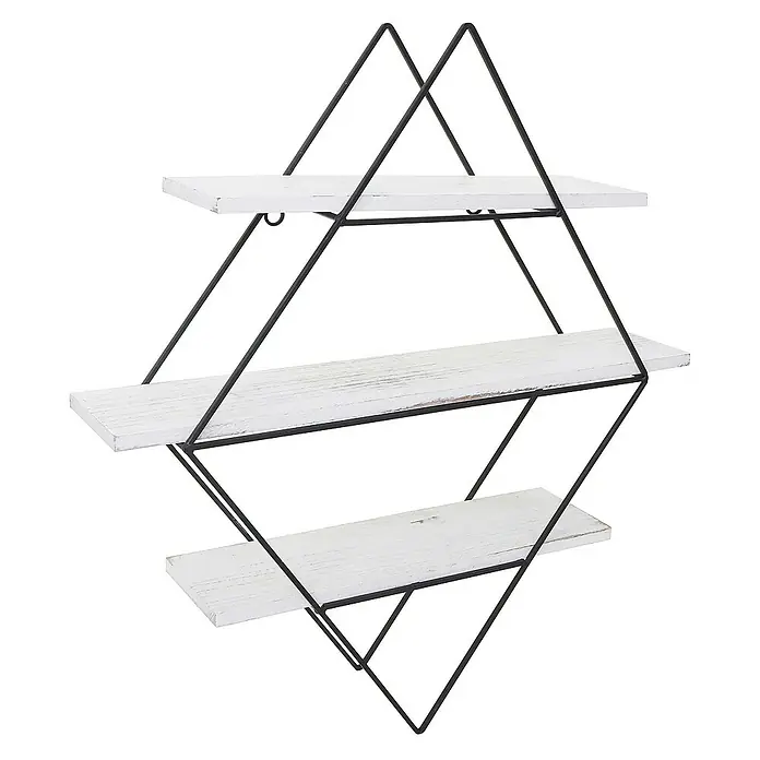 Berlinlodge Holzregal Wandregal rautenförmig - H x B x T: 60 x 55 x 12 cm, Anzahl Böden: 3 Stk., Einhängen, Weiß - Dekorative dreistufige Hängeregal mit einem geometrischen, schwarzen Metallrahmen und weißen Regalböden. Ideal für moderne Raumgestaltung.