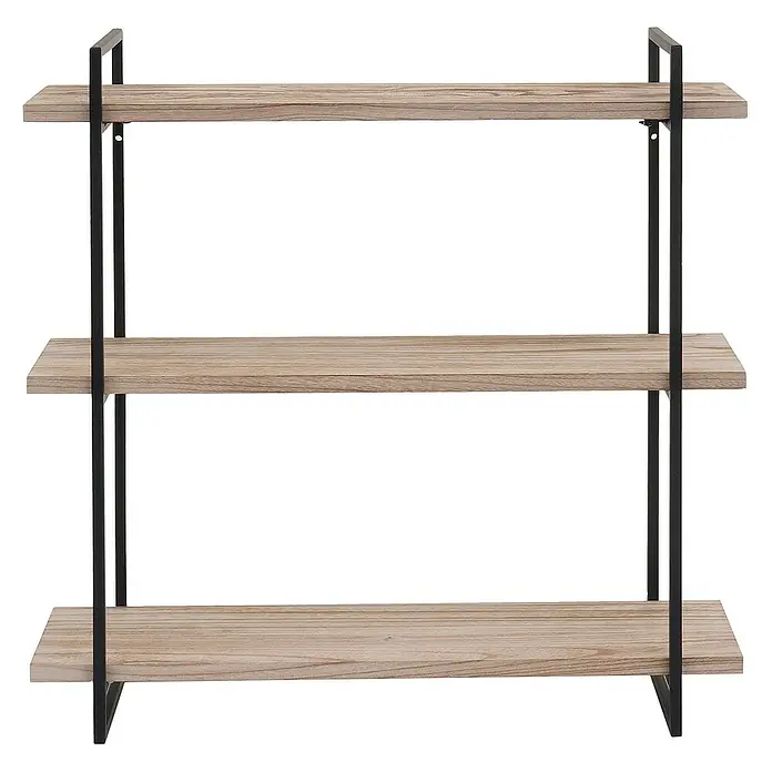 Wandregal | HxBxT 60x60x18cm | 3 Regalböden Massiv-Holz Industrial | Natur | Hängeregal Schweberegal -  - Ein modernes Bücherregal mit drei Regalen aus Holz und einem schwarzen Metallrahmen. Ideal für Wohnzimmer oder Büro.