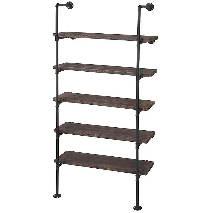Berlinlodge Holzregal Standregal - H x B x T: 165 x 80 x 28 cm, Anzahl Böden: 5 Stk., Aufstellen, Braun - Elegantes Wandregal mit fünf Ablagen in dunklem Holz und schwarzer Metallrohrkonstruktion. Ideal für Wohnzimmer oder Büro.