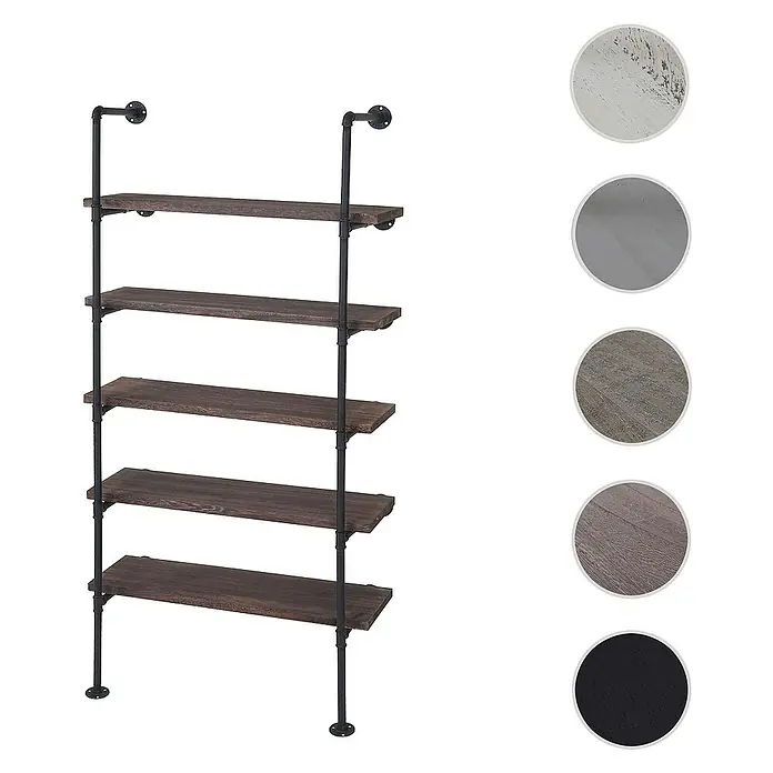 Berlinlodge Holzregal Standregal - H x B x T: 165 x 80 x 28 cm, Anzahl Böden: 5 Stk., Aufstellen, Braun - Dieses Bild zeigt ein Regal mit fünf Ablagen und einem industriellen Design, das durch schwarze Metallrohre und dunkle Holzregale betont wird.