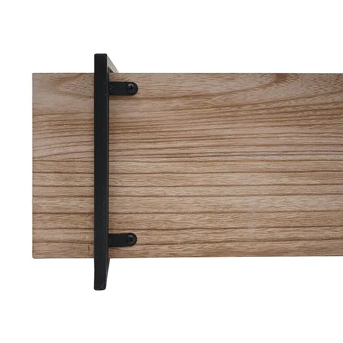 Wandregal | HxBxT 60x60x18cm | 3 Regalböden Massiv-Holz Industrial | Natur | Hängeregal Schweberegal -  - Nahaufnahme eines schwebenden Regals mit Holzplatte und schwarzer Metallhalterung, befestigt mit Schrauben, vor einem weißen Hintergrund.
