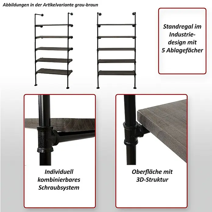 Berlinlodge Holzregal Standregal - H x B x T: 165 x 80 x 28 cm, Anzahl Böden: 5 Stk., Aufstellen, Braun - Abbildung eines graubraunen Standregals im Industriedesign mit fünf Ablagefächern, modularem Schraubsystem und 3D-Oberflächenstruktur.