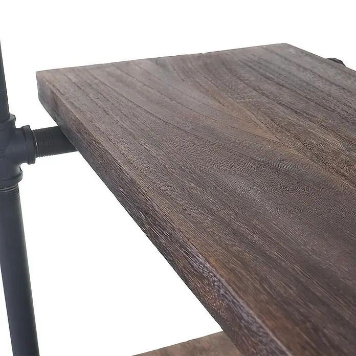 Berlinlodge Holzregal Standregal - H x B x T: 165 x 80 x 28 cm, Anzahl Böden: 5 Stk., Aufstellen, Braun - Nahaufnahme eines rustikalen Regals mit dunkler Holzplatte und schwarzem Metallrohrrahmen, das einen industriellen Charme versprüht.