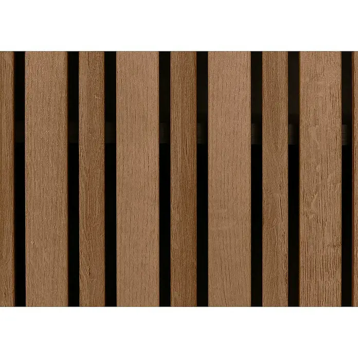 Bücherregal | HxBxT 178x75x35cm | Schiebetür 8 Staufächer MDF| natur | Bücherschrank Hochschrank -  - Ein vertikales Paneel aus Holzlatten mit schmalen, dunklen Zwischenräumen, die eine moderne und natürliche Wandverkleidung bilden.