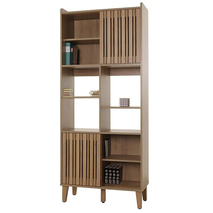 Bücherregal | HxBxT 178x75x35cm | Schiebetür 8 Staufächer MDF| natur | Bücherschrank Hochschrank -  - Ein modernes, hohes Bücherregal aus Holz mit Fächern unterschiedlicher Größe und Schiebetüren.