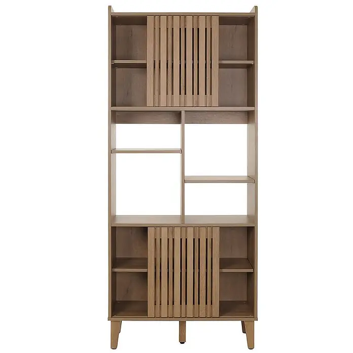 Bücherregal | HxBxT 178x75x35cm | Schiebetür 8 Staufächer MDF| natur | Bücherschrank Hochschrank -  - Abgebildete ist ein hohes Bücherregal mit Holzschiebetüren oben und unten, ideal für die Aufbewahrung von Büchern und Dekoartikeln.