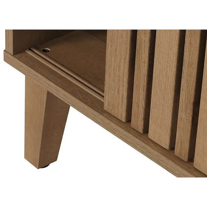 Bücherregal | HxBxT 178x75x35cm | Schiebetür 8 Staufächer MDF| natur | Bücherschrank Hochschrank -  - Detailaufnahme eines Holzschranks mit Lamellentüren, der eine rustikale und natürliche Ästhetik bietet.