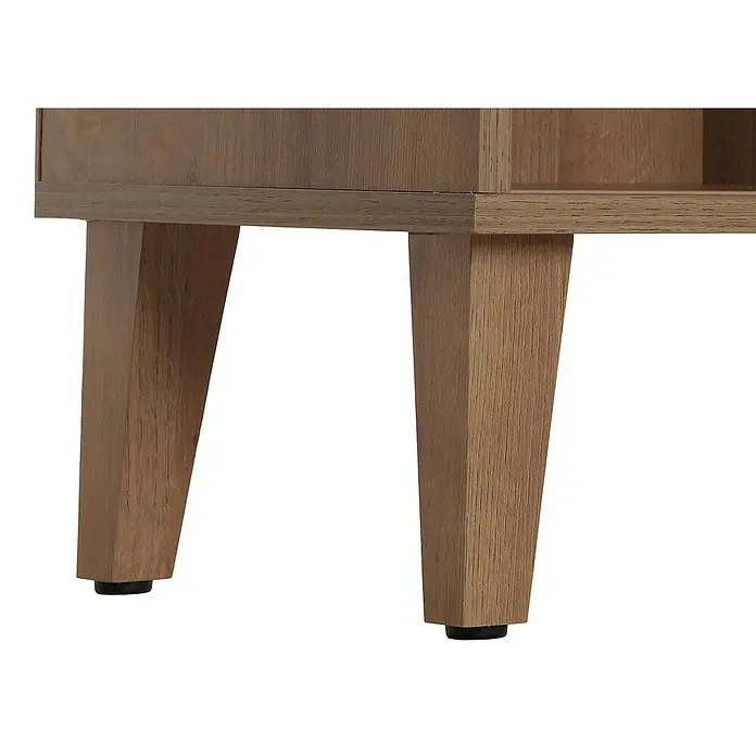 Bücherregal | HxBxT 178x75x35cm | Schiebetür 8 Staufächer MDF| natur | Bücherschrank Hochschrank -  - Detailaufnahme von Möbelbeinen aus hellem Holz mit schwarzen Füßen, die ein schlichtes, modernes Design zeigen.