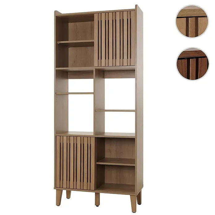 Bücherregal | HxBxT 178x75x35cm | Schiebetür 8 Staufächer MDF| natur | Bücherschrank Hochschrank -  - Holzfarbenes Bücherregal mit mehreren Fächern und Schränken für eine stilvolle Aufbewahrungslösung.