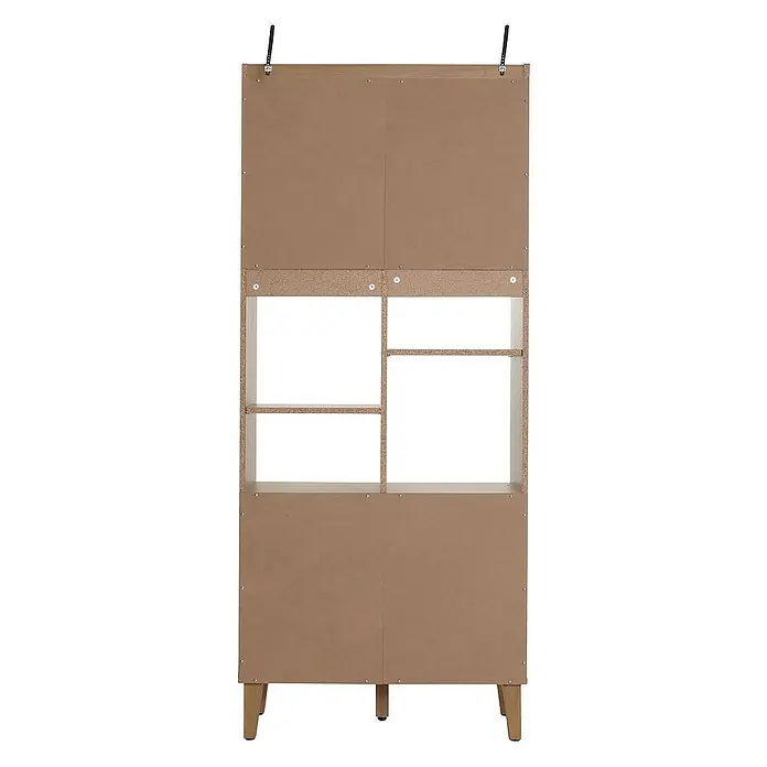 Bücherregal | HxBxT 178x75x35cm | Schiebetür 8 Staufächer MDF| natur | Bücherschrank Hochschrank -  - Rückansicht eines hellbraunen Bücherregals mit zwei Regalen und vier Holzbeinen.