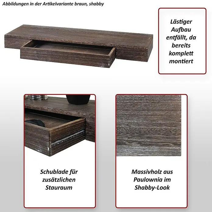 Berlinlodge Holzregal Wandregal - Anzahl Böden: 1 Stk., Einhängen, Weiß - Abbildung eines braunen Wandregals im Shabby-Look mit Schublade für zusätzlichen Stauraum, hergestellt aus Massivholz Paulownia.