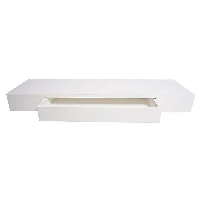 Berlinlodge Holzregal Wandregal - Anzahl Böden: 1 Stk., Einhängen, Weiß - Nahaufnahme eines weißen Nachttisches mit einer Schublade, der ein modernes und minimalistisches Design zeigt.