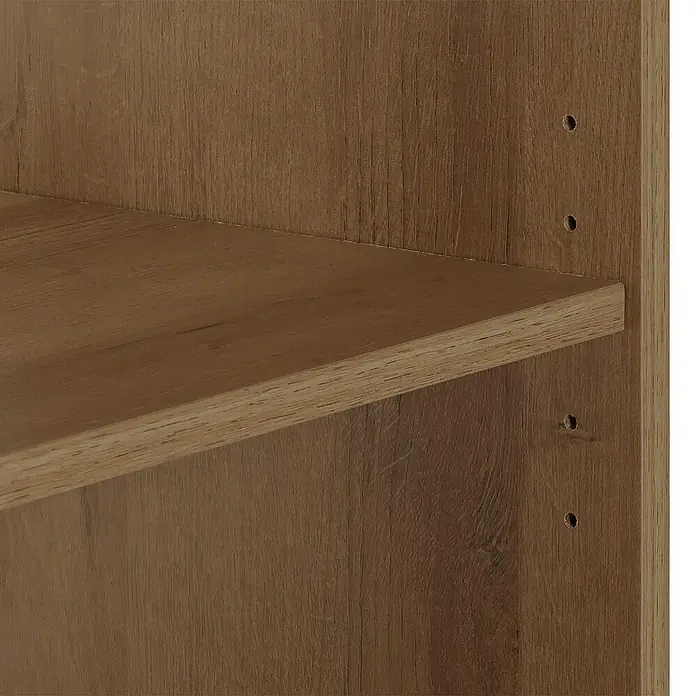 Bücherregal | HxBxT 178x75x35cm | Schiebetür 8 Staufächer MDF| natur | Bücherschrank Hochschrank -  - Detailansicht eines Holzregals mit verstellbaren Einlegeböden und brauner Holzmaserung. Praktisch und stilvoll für jedes Zuhause.