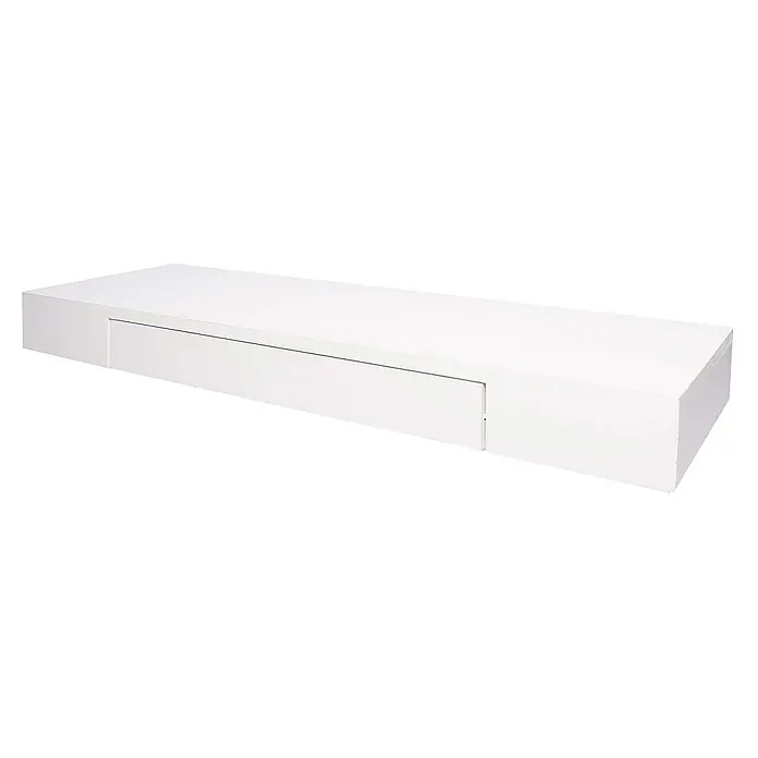 Berlinlodge Holzregal Wandregal - Anzahl Böden: 1 Stk., Einhängen, Weiß - Nahaufnahme eines weißen TV-Lowboards mit Schublade, das modernes Design und Funktionalität für das Wohnzimmer vereint.