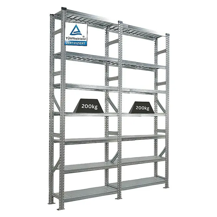 Proregal Metallregal Fachbodenregal PROXIMO 1x Grundregal + 1x Anbauregal - H x B x T: 240 x 90 x 32 cm, Traglast pro Boden: 200 kg, Anzahl Böden: 7 Stk., Stecken, Verzinkt - Abbildung eines Schwerlastregals aus Metall mit mehreren Ebenen und Gewichtsangabe von 200kg, TÜV Rheinland zertifiziert.