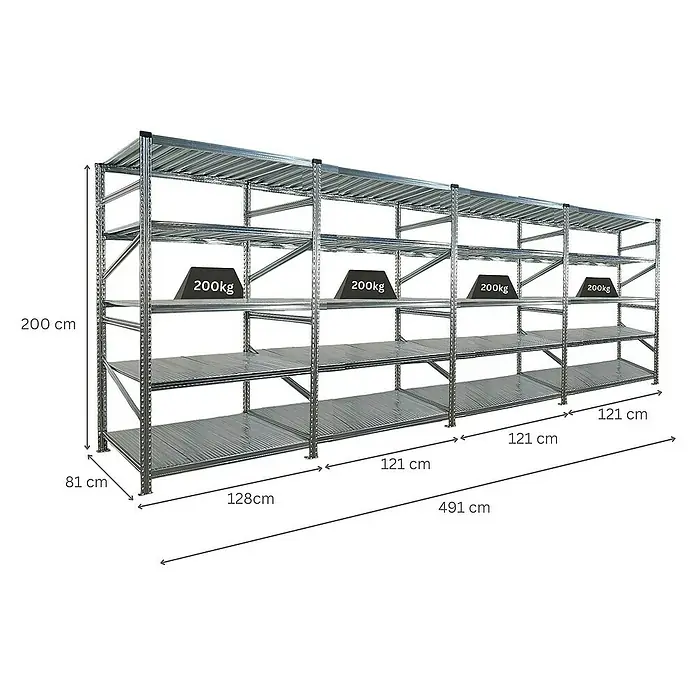 Proregal Metallregal Fachbodenregal PROXIMO 1x Grundregal + 3x Anbauregal - Traglast pro Boden: 200 kg, Anzahl Böden: 5 Stk., Stecken, Verzinkt - Das Bild zeigt ein großes, graues Metallregal mit vier Ebenen, das mit Gewichtsangaben versehen ist und seine Abmessungen zeigt.