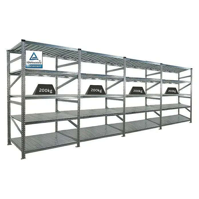 Proregal Metallregal Fachbodenregal PROXIMO 1x Grundregal + 3x Anbauregal - Traglast pro Boden: 200 kg, Anzahl Böden: 5 Stk., Stecken, Verzinkt - Abbildung eines Schwerlastregals mit vier Ebenen, das mit 200 kg belastet ist, mit TÜV-Zertifikat.