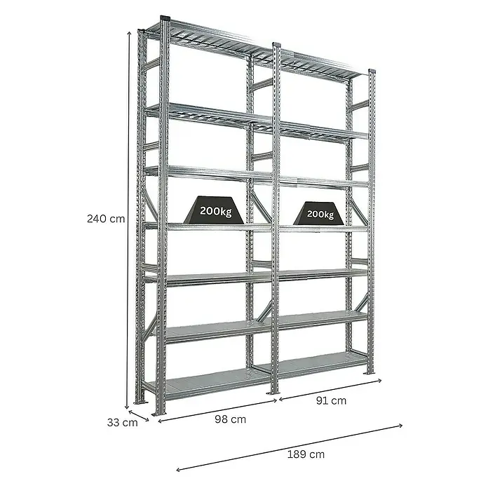 Proregal Metallregal Fachbodenregal PROXIMO 1x Grundregal + 1x Anbauregal - H x B x T: 240 x 90 x 32 cm, Traglast pro Boden: 200 kg, Anzahl Böden: 7 Stk., Stecken, Verzinkt - Abbildung eines Metallregals mit mehreren Regalböden und Maßangaben.