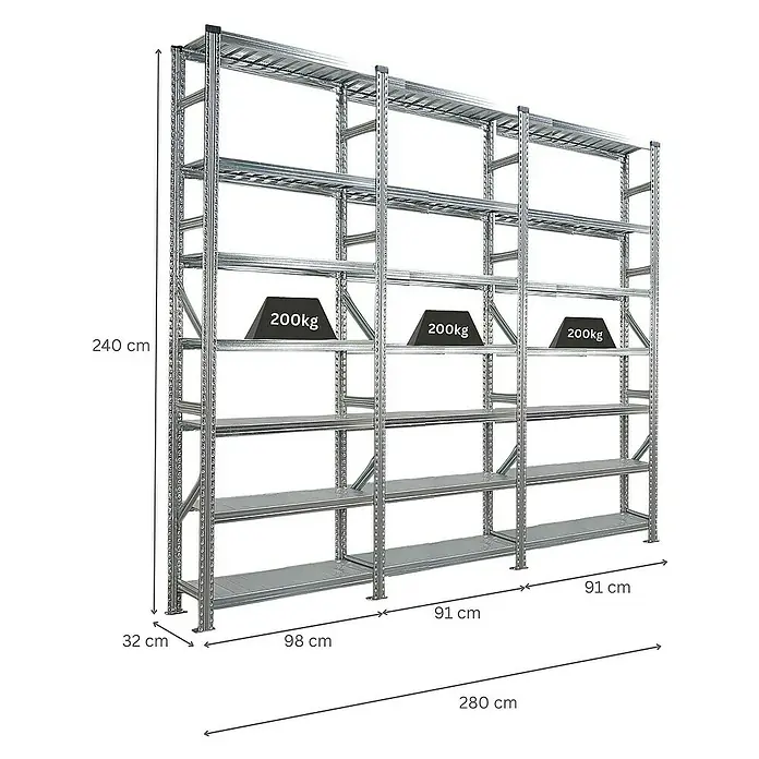 Proregal Metallregal Fachbodenregal PROXIMO 1x Grundregal + 2x Anbauregal - H x B x T: 240 x 90 x 32 cm, Traglast pro Boden: 200 kg, Anzahl Böden: 7 Stk., Stecken, Verzinkt - Ein Bild von einem grauen Metallregal mit mehreren Ebenen, das mit Gewichten von 200 kg belastet ist, mit Größenangaben.