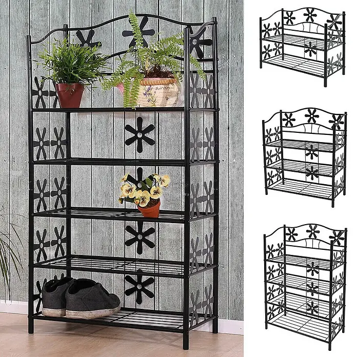 Berlinlodge Holzregal Regal Metall - H x B x T: 70 x 60 x 30 cm, Anzahl Böden: 3 Stk., Aufstellen, Schwarz - Metall-Etagenregal mit Blumenmuster, ideal für Pflanzen oder Schuhe. Stilvolles Design für Innen- und Außenbereiche.