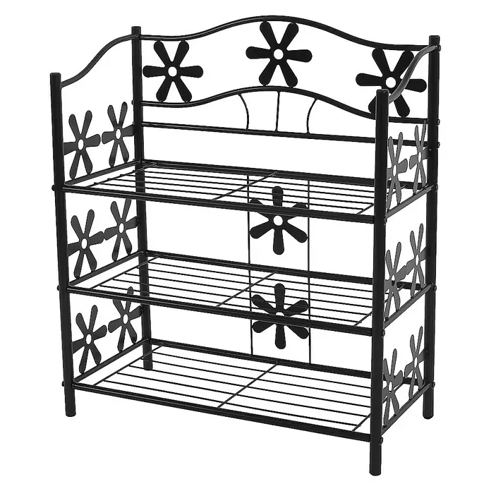 Berlinlodge Holzregal Regal Metall - H x B x T: 70 x 60 x 30 cm, Anzahl Böden: 3 Stk., Aufstellen, Schwarz - Schuhregal aus Metall mit drei Ebenen und Blumenmuster, ideal zur Aufbewahrung von Schuhen und zur Dekoration des Raumes.