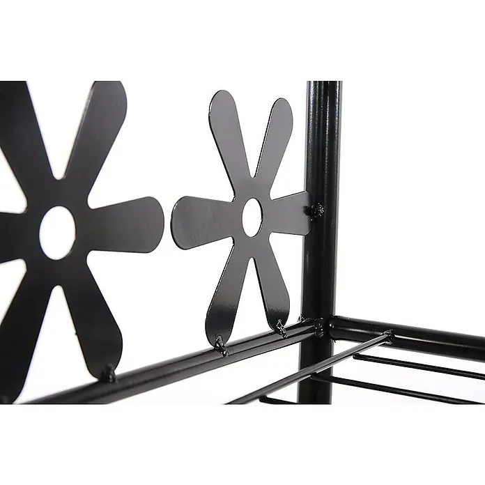 Berlinlodge Holzregal Regal Metall - H x B x T: 70 x 60 x 30 cm, Anzahl Böden: 3 Stk., Aufstellen, Schwarz - Nahaufnahme eines schwarzen Metallblumenregals mit dekorativen Blumenmotiven und einer stabilen Konstruktion.