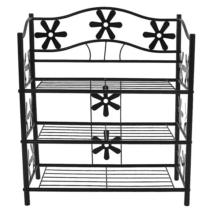 Berlinlodge Holzregal Regal Metall - H x B x T: 70 x 60 x 30 cm, Anzahl Böden: 3 Stk., Aufstellen, Schwarz - Schwarzes, schmiedeeisernes Schuhregal mit drei Ablagen und dekorativen Blumenverzierungen für stilvolle Aufbewahrung.