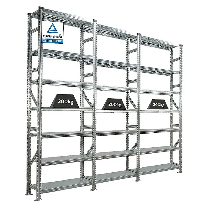 Proregal Metallregal Fachbodenregal PROXIMO 1x Grundregal + 2x Anbauregal - H x B x T: 240 x 90 x 32 cm, Traglast pro Boden: 200 kg, Anzahl Böden: 7 Stk., Stecken, Verzinkt - Metallregalsystem mit mehreren Ebenen, zertifiziert durch TÜV Rheinland und belastbar mit 200kg pro Fach.