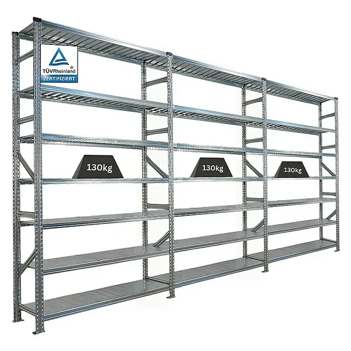 Proregal Metallregal Fachbodenregal PROXIMO 1x Grundregal + 2x Anbauregal - H x B x T: 240 x 150 x 40 cm, Traglast pro Boden: 200 kg, Anzahl Böden: 7 Stk., Stecken, Verzinkt - Schwerlastregal mit 130kg Traglast pro Fach für Lagerung.