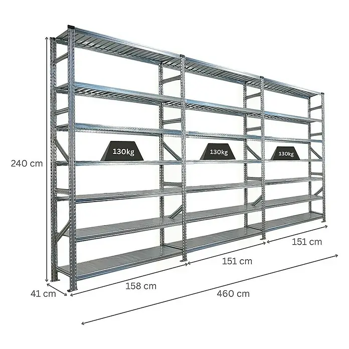 Proregal Metallregal Fachbodenregal PROXIMO 1x Grundregal + 2x Anbauregal - H x B x T: 240 x 150 x 40 cm, Traglast pro Boden: 200 kg, Anzahl Böden: 7 Stk., Stecken, Verzinkt - Metallregal mit mehreren Ebenen, das eine Traglast von 130 kg pro Ebene aushält. Ideal für Lagerung und Organisation in Werkstatt oder Lager.