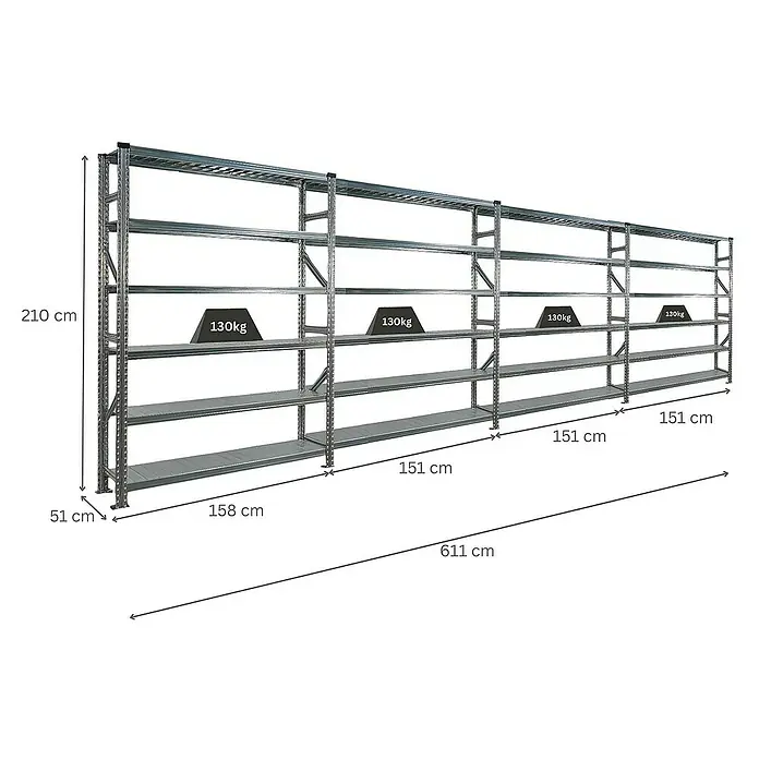 Proregal Metallregal Fachbodenregal PROXIMO 1x Grundregal + 3x Anbauregal - Traglast pro Boden: 200 kg, Anzahl Böden: 6 Stk., Stecken, Verzinkt - Regalsystem mit mehreren Ebenen und Gewichtsangaben zur Verdeutlichung der Belastbarkeit.