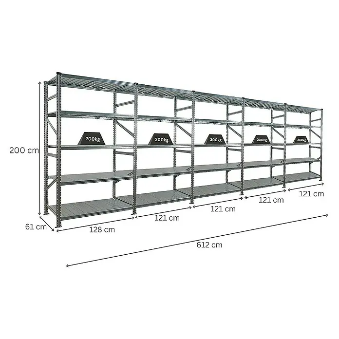 Proregal Metallregal Fachbodenregal PROXIMO 1x Grundregal + 4x Anbauregal - Traglast pro Boden: 200 kg, Anzahl Böden: 5 Stk., Stecken, Verzinkt - Ein langes, verzinktes Schwerlastregal mit vier Ebenen und Gewichtsangaben.