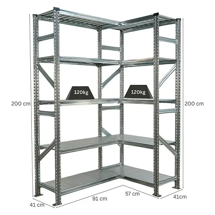 Proregal Eckregal PROXIMO - H x B x T: 200 x 90 x 40 cm, Traglast pro Boden: 100 kg, Anzahl Böden: 5 Stk., Stecken, Verzinkt - Abbildung eines Eckregals aus Metall mit fünf Ebenen und Belastungshinweisen. Das Regal ist stabil und bietet viel Stauraum.