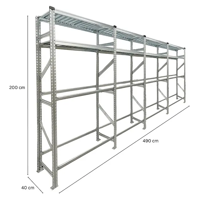 Proregal Reifenregal PROXIMO 1x Grundregal + 3x Anbauregal - H x B x T: 200 x 480 x 40 cm, Stecken, Verzinkt - Bild eines Metallregals mit mehreren Ebenen, ideal für Lagerung mit den Maßen 200x40x490 cm.