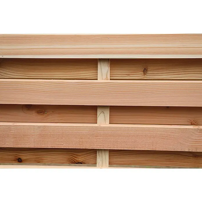 Joda Sichtschutzelement Kingston - B x H: 180 x 180 cm, Lärche, Natur - Nahaufnahme eines hölzernen Zauns, der aus horizontalen Brettern und vertikalen Stützen besteht und eine natürliche Holzmaserung zeigt.