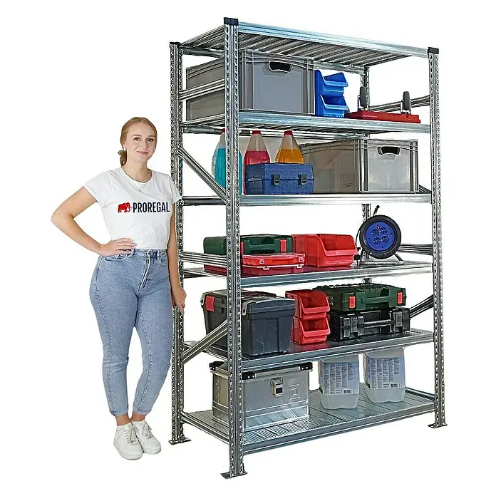 Proregal Metallregal Fachbodenregal PROXIMO 1x Grundregal + 3x Anbauregal - Traglast pro Boden: 200 kg, Anzahl Böden: 6 Stk., Stecken, Verzinkt - Metallregal mit viel Stauraum für Werkzeug und Zubehör, ideal für Garage oder Werkstatt.