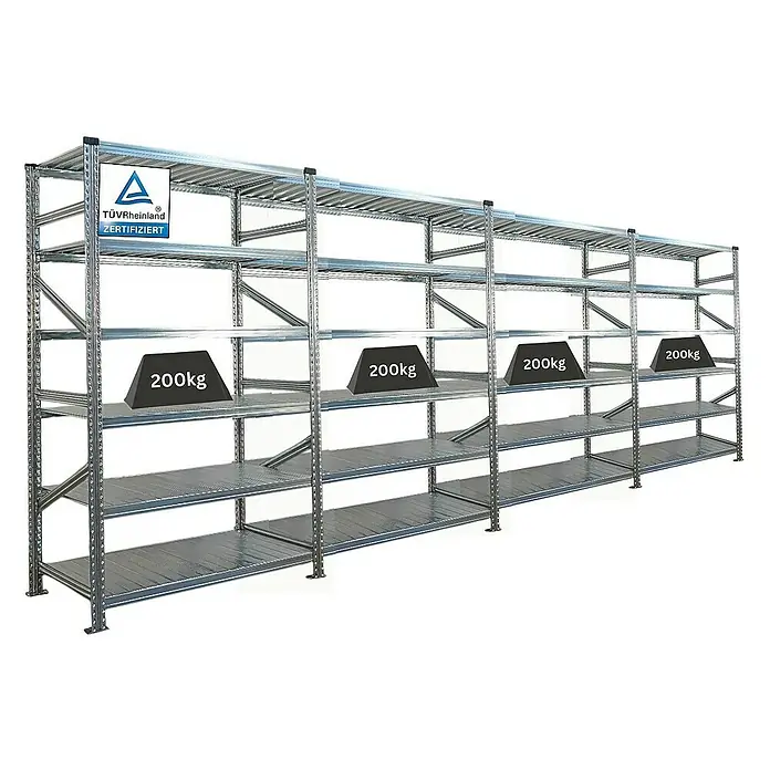 Proregal Metallregal Fachbodenregal PROXIMO 1x Grundregal + 3x Anbauregal - Traglast pro Boden: 200 kg, Anzahl Böden: 6 Stk., Stecken, Verzinkt - Metallregal mit mehreren Fächern und Belastungsgewichten. Das robuste Regal ist ideal für Lager und Werkstätten.