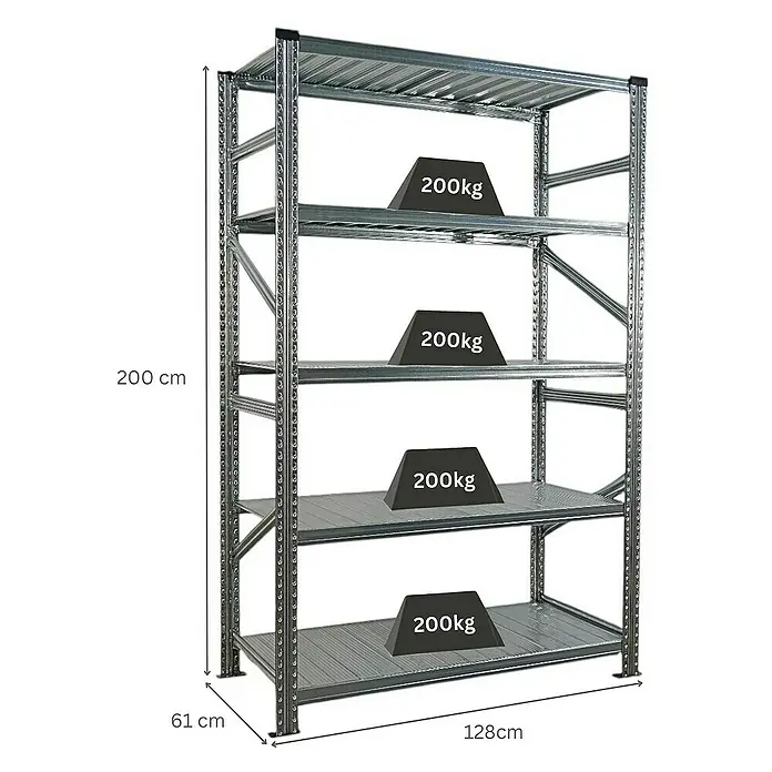 Proregal Metallregal Fachbodenregal PROXIMO Grundregal - Traglast pro Boden: 200 kg, Anzahl Böden: 5 Stk., Stecken, Verzinkt - Metallregal mit vier Regalböden, auf denen jeweils 200kg Gewichte liegen, in den Maßen 200x128x61cm.