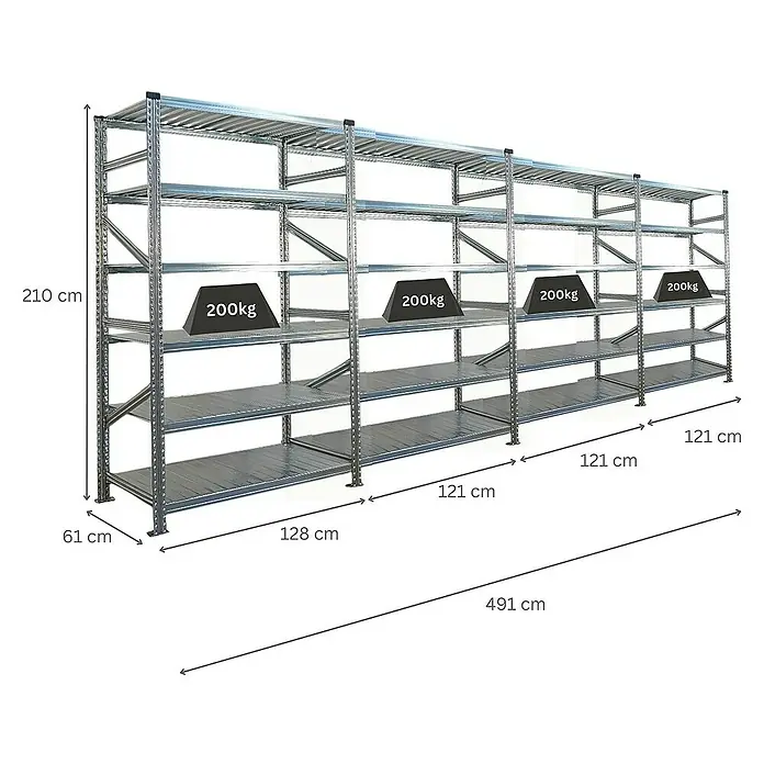 Proregal Metallregal Fachbodenregal PROXIMO 1x Grundregal + 3x Anbauregal - Traglast pro Boden: 200 kg, Anzahl Böden: 6 Stk., Stecken, Verzinkt - Das Bild zeigt ein Schwerlastregal aus Metall mit mehreren Ebenen, das mit Gewichten von 200kg belastet ist.