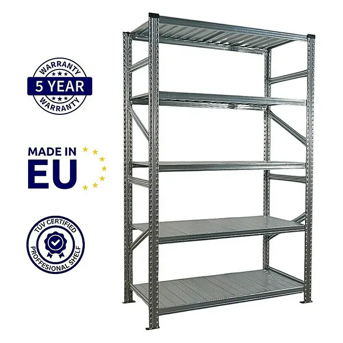 Proregal Metallregal Fachbodenregal PROXIMO Grundregal - Traglast pro Boden: 200 kg, Anzahl Böden: 5 Stk., Stecken, Verzinkt - Abbildung eines stabilen Metallregals mit fünf Ablageflächen, ideal für Lager und Werkstätten.