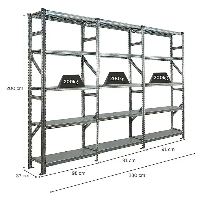 Proregal Metallregal Fachbodenregal PROXIMO 1x Grundregal + 2x Anbauregal - Traglast pro Boden: 200 kg, Anzahl Böden: 5 Stk., Stecken, Verzinkt - Ein robustes Schwerlastregal mit mehreren Ebenen, geeignet für Lager und Werkstatt, mit Gewichtsangaben.